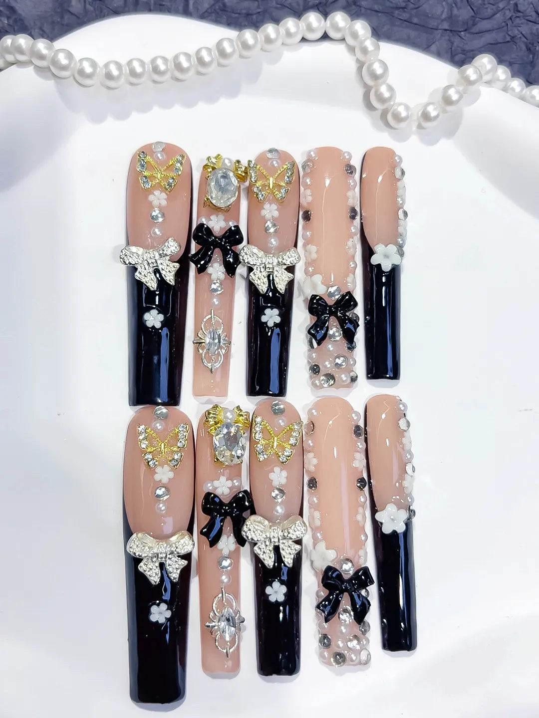 M110 - Long Nude Black Square Solid color Flower Rhinestone