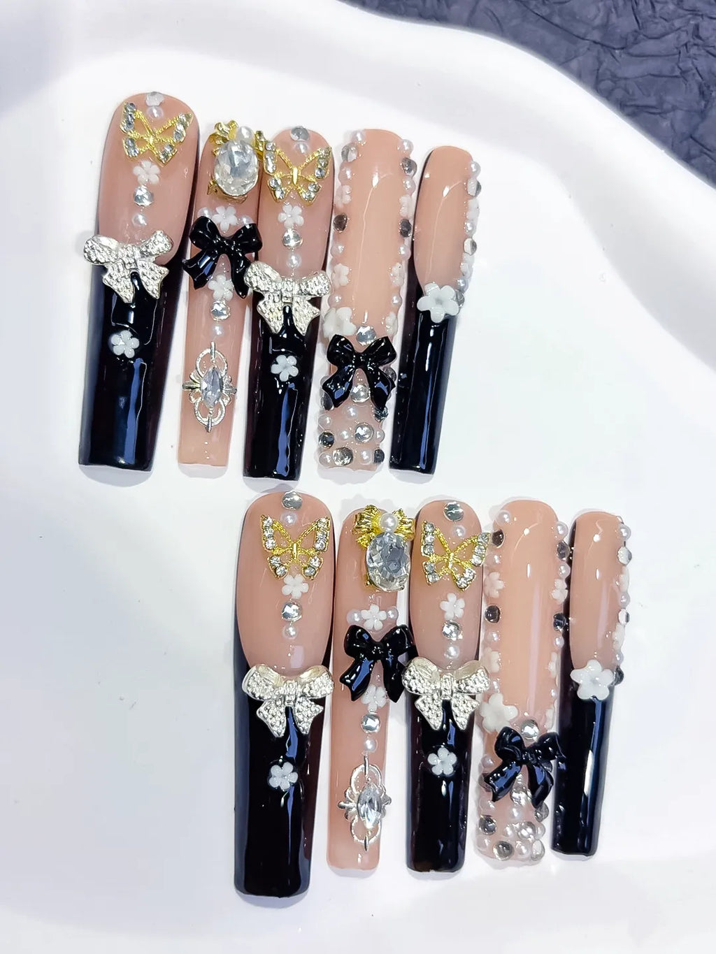 M110 - Long Nude Black Square Solid color Flower Rhinestone