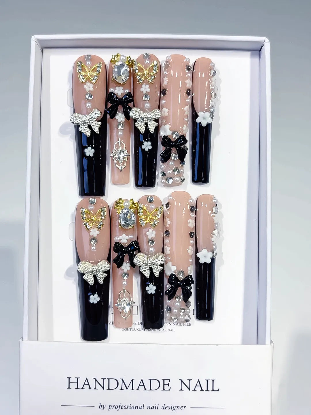 M110 - Long Nude Black Square Solid color Flower Rhinestone