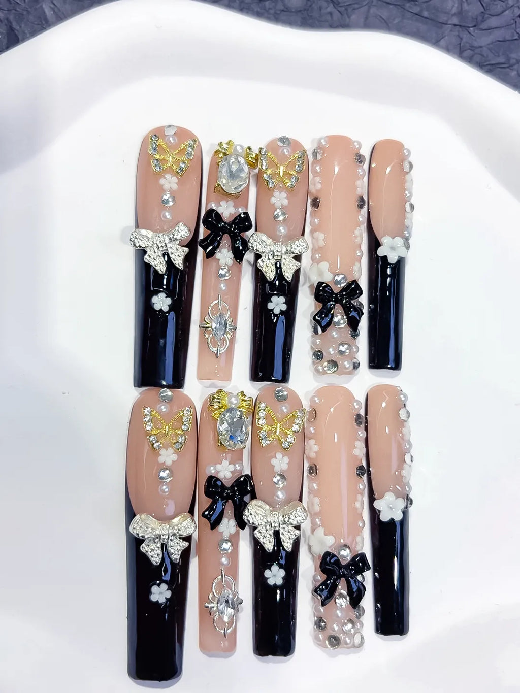 M110 - Long Nude Black Square Solid color Flower Rhinestone