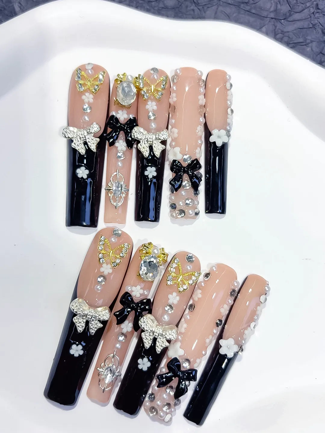 M110 - Long Nude Black Square Solid color Flower Rhinestone