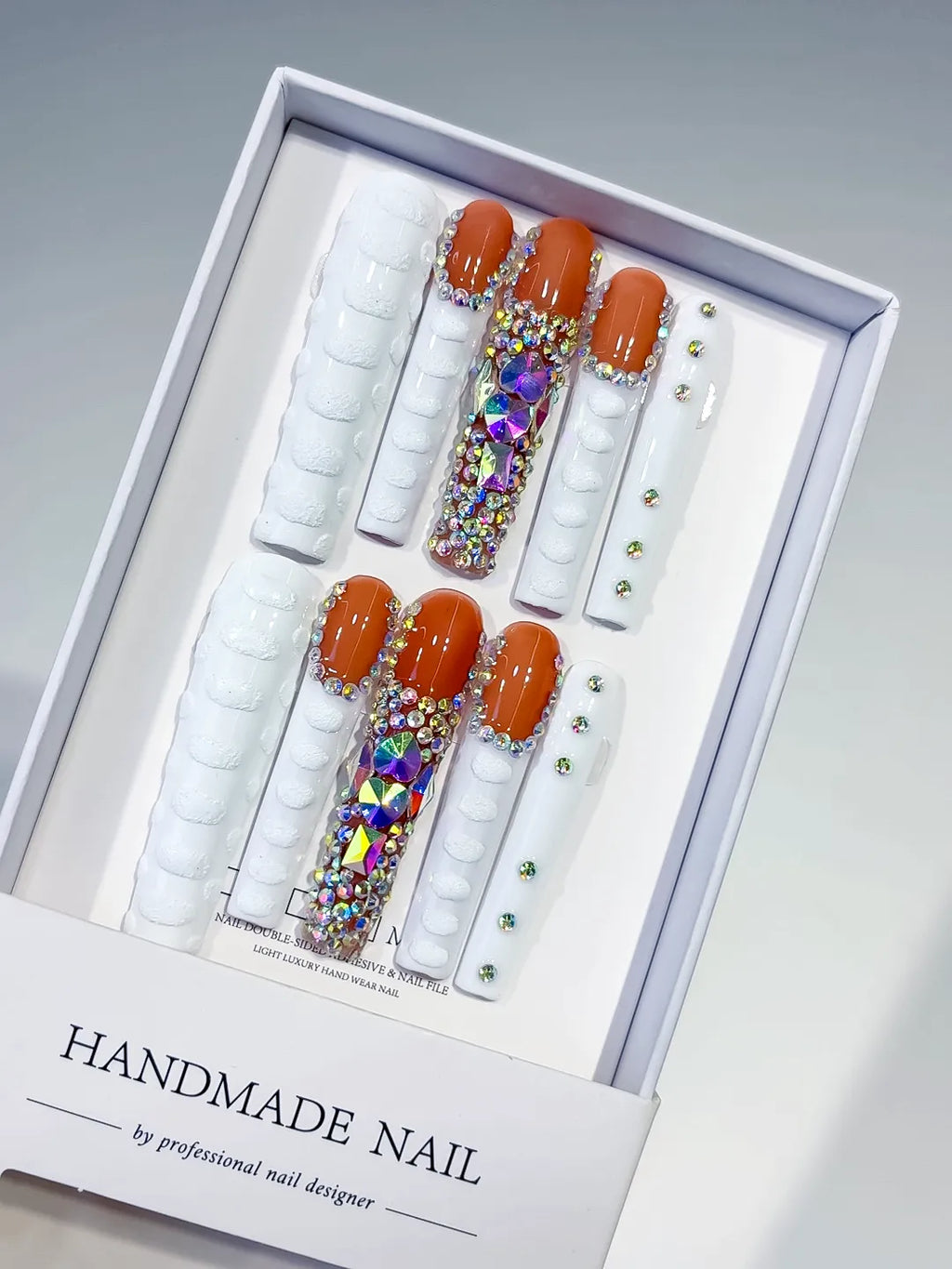 M113 - Long White Orange Square Solid color Rhinestone Glitter