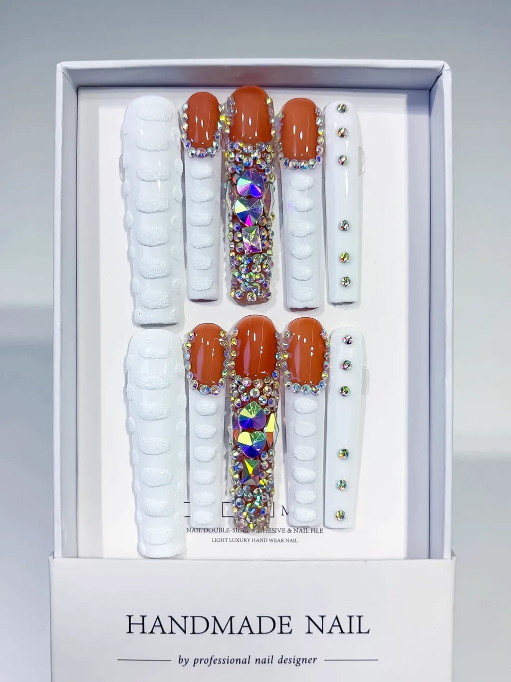 M113 - Long White Orange Square Solid color Rhinestone Glitter