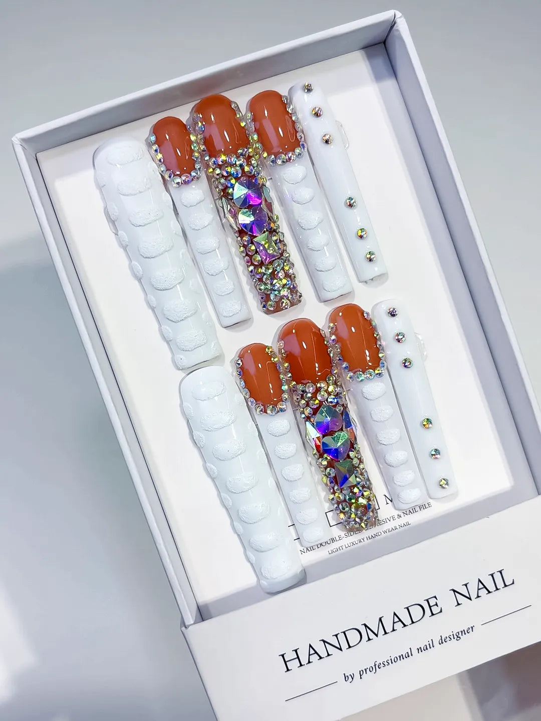 M113 - Long White Orange Square Solid color Rhinestone Glitter