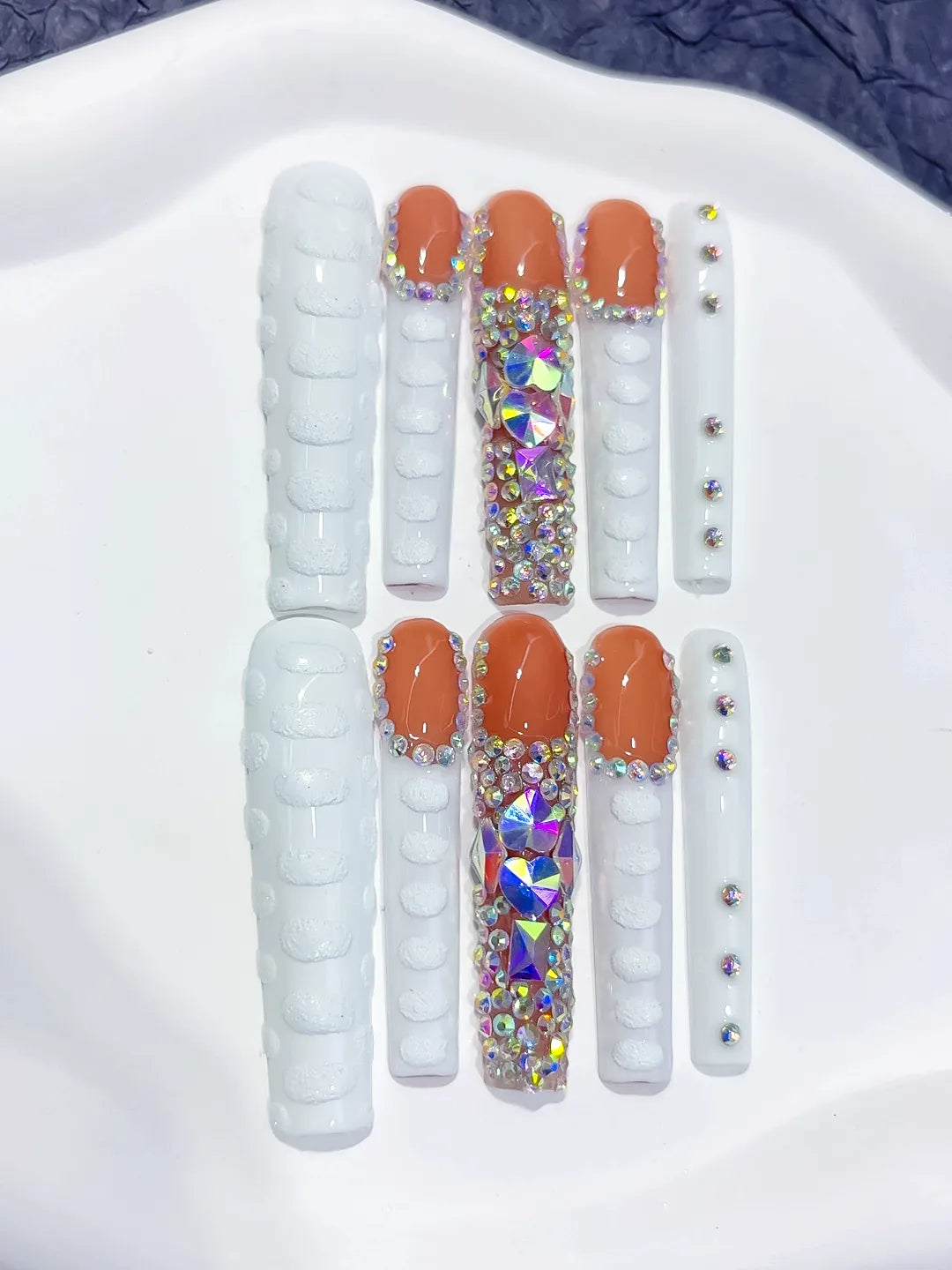 M113 - Long White Orange Square Solid color Rhinestone Glitter