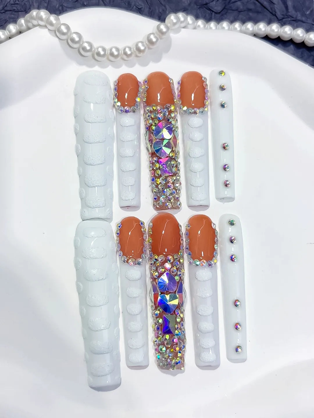 M113 - Long White Orange Square Solid color Rhinestone Glitter