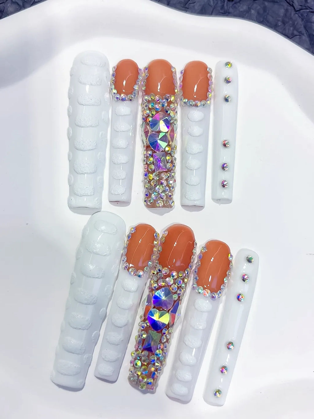 M113 - Long White Orange Square Solid color Rhinestone Glitter