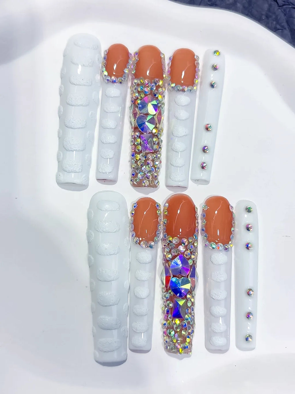 M113 - Long White Orange Square Solid color Rhinestone Glitter