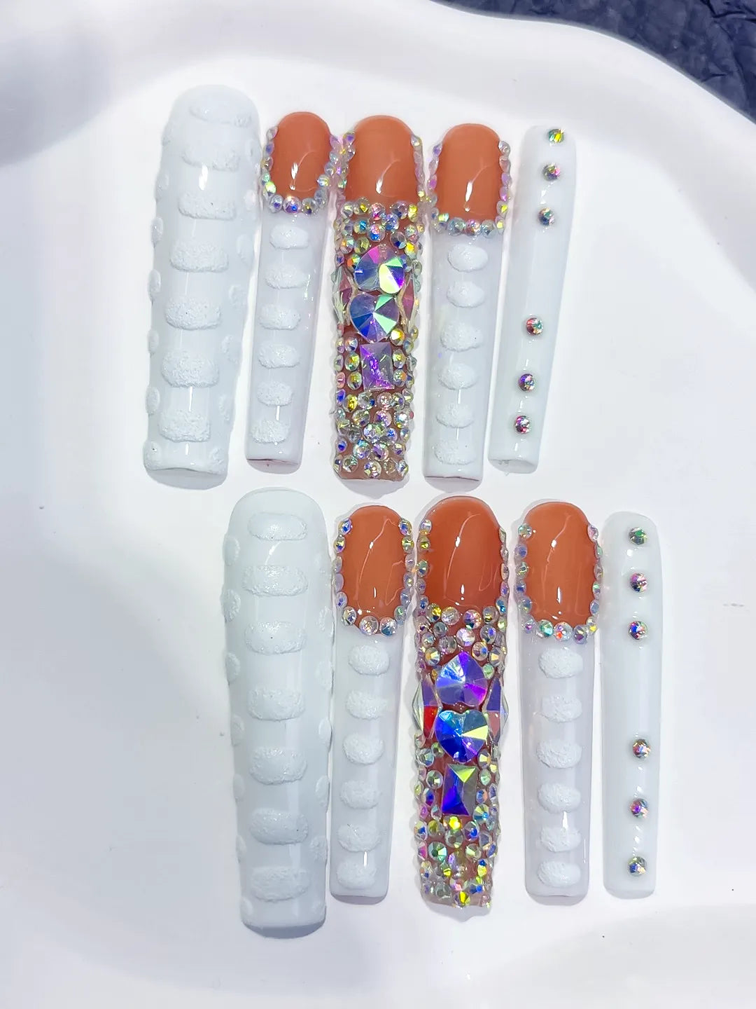 M113 - Long White Orange Square Solid color Rhinestone Glitter