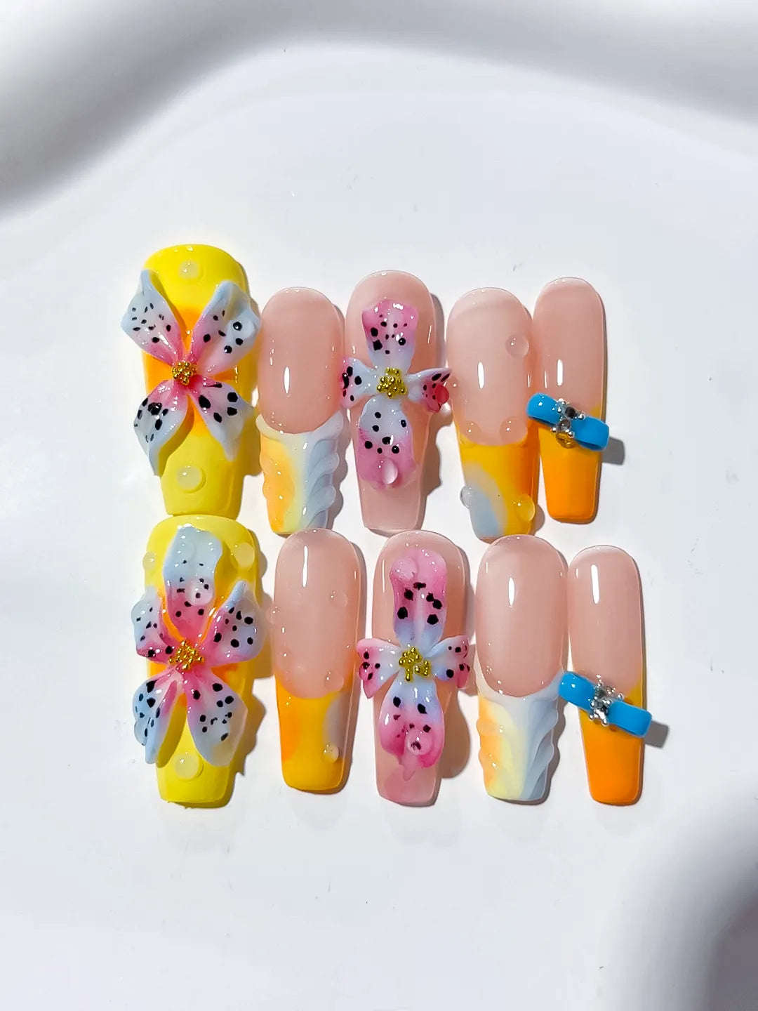 M115 - Long Pink Yellow Coffin Abstract Flower 3D