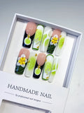 M116 - Long Black White Square French tip Flower 3D