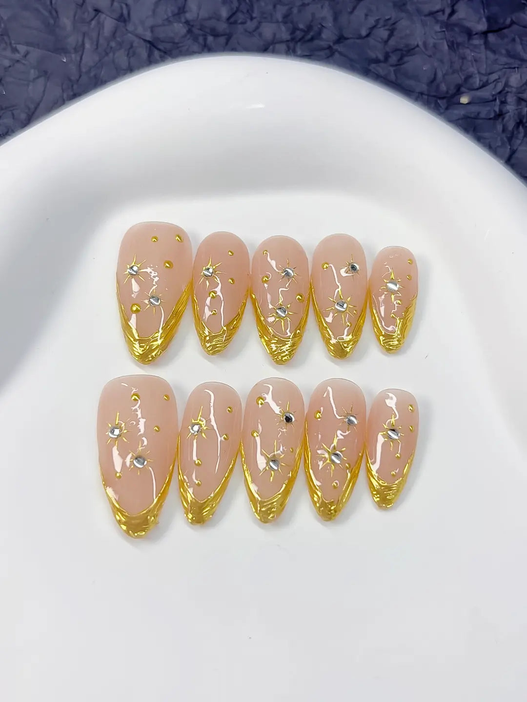 C378 - Medium Nude Gold Almond French tip Rhinestone