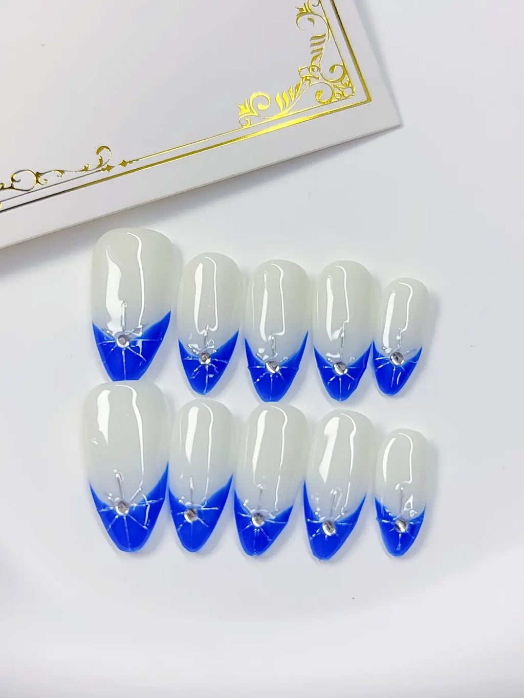 C368 - Medium Blue Almond French tip Rhinestone