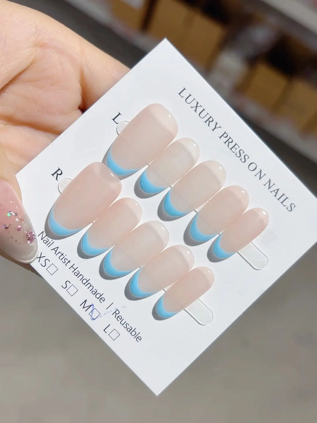 A056 - Medium Nude Blue Oval French tip VibeNailsLab