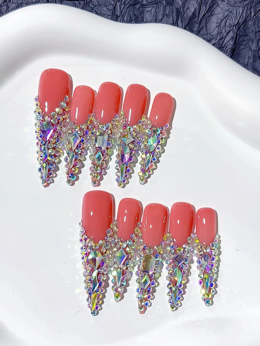N001 - Long Orange Silver Stiletto Solid color Rhinestone Crystal Cluster
