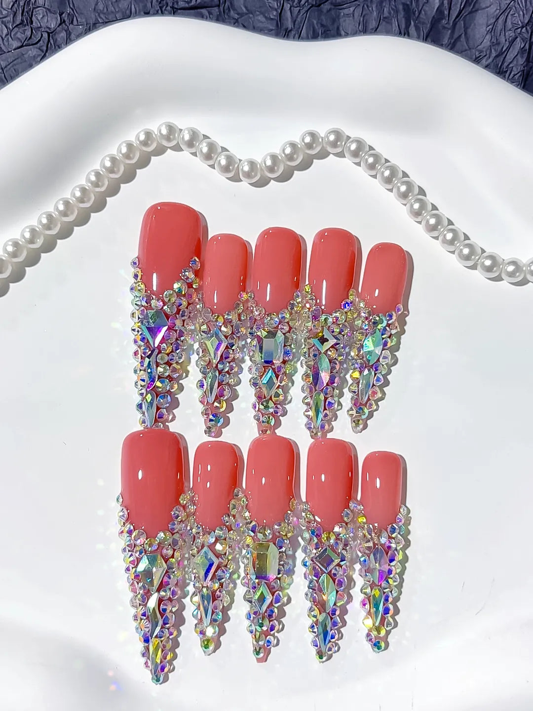 N001 - Long Orange Silver Stiletto Solid color Rhinestone Crystal Cluster