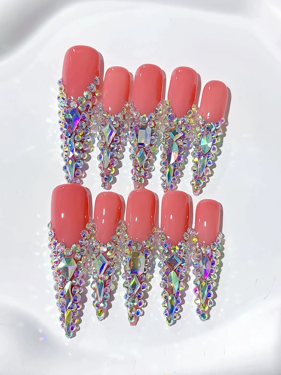 N001 - Long Orange Silver Stiletto Solid color Rhinestone Crystal Cluster
