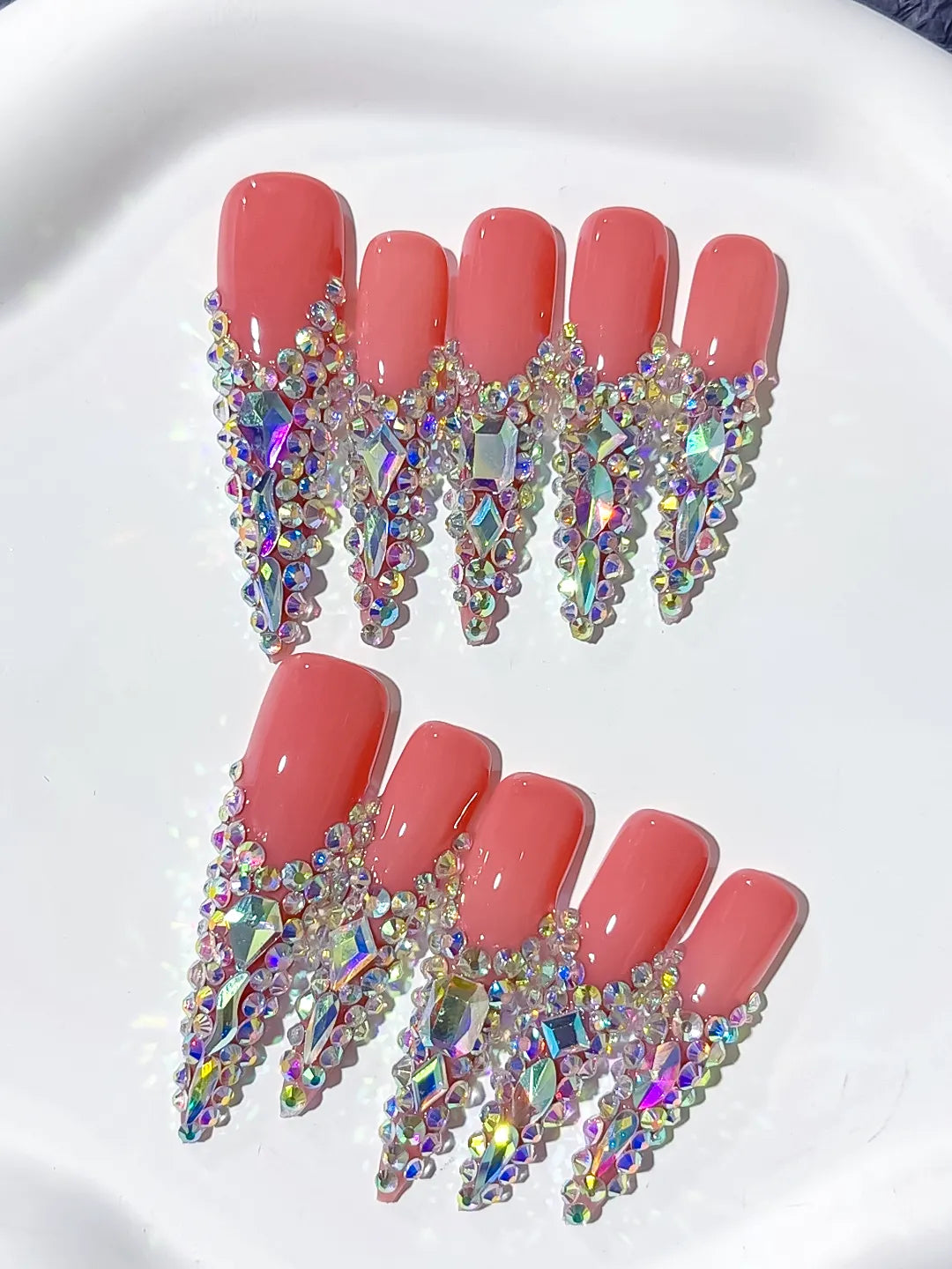 N001 - Long Orange Silver Stiletto Solid color Rhinestone Crystal Cluster