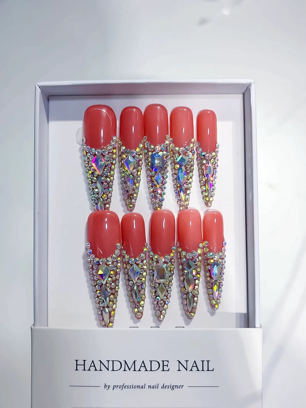 N001 - Long Orange Silver Stiletto Solid color Rhinestone Crystal Cluster