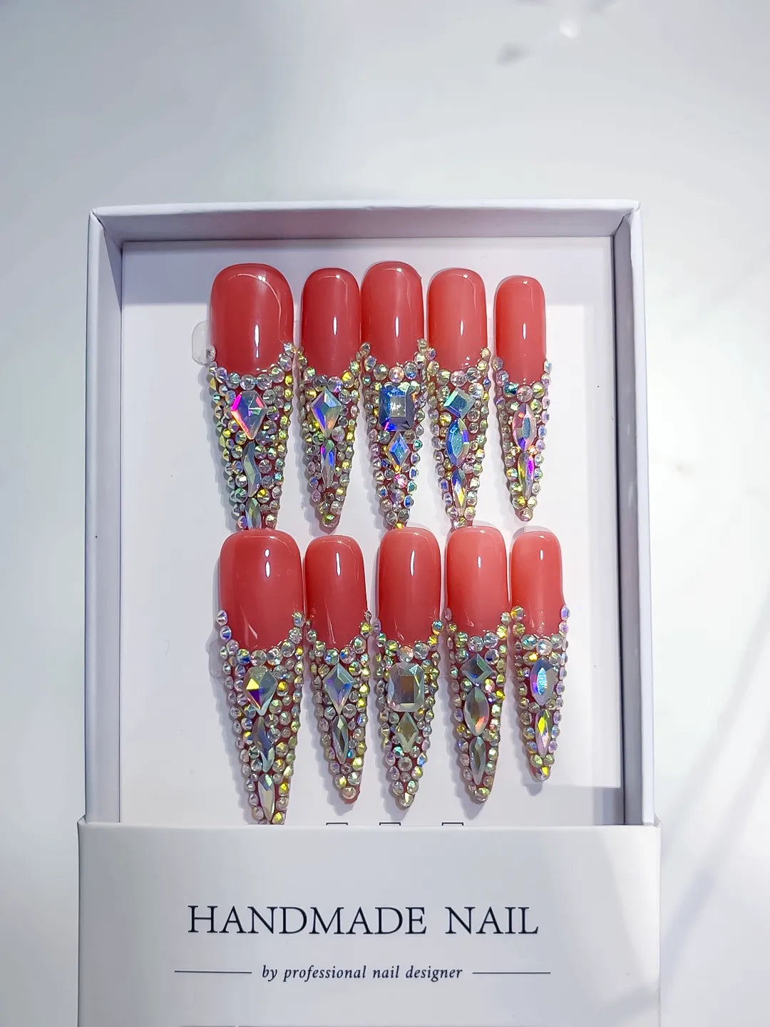 N001 - Long Orange Silver Stiletto Solid color Rhinestone Crystal Cluster