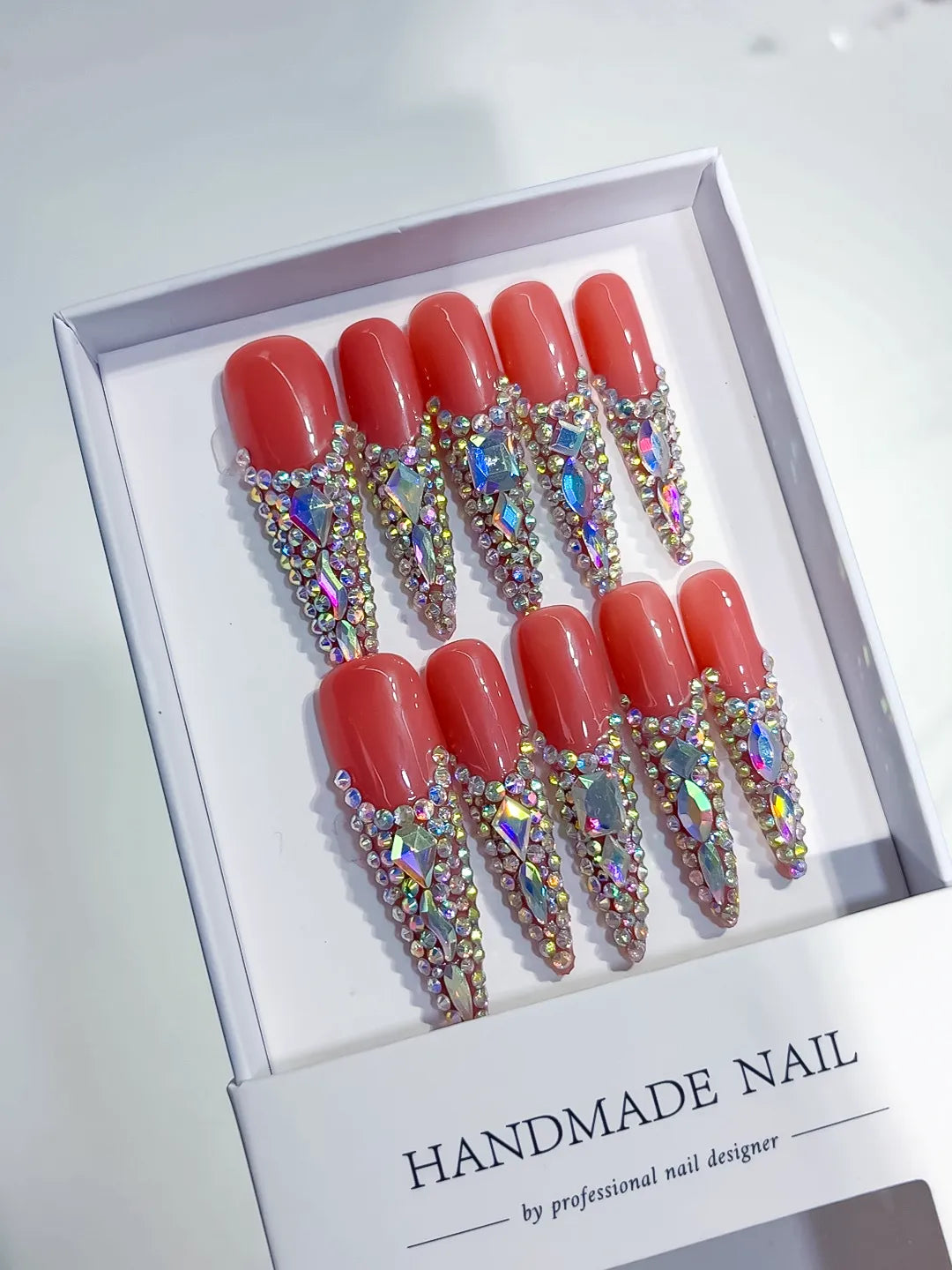 N001 - Long Orange Silver Stiletto Solid color Rhinestone Crystal Cluster