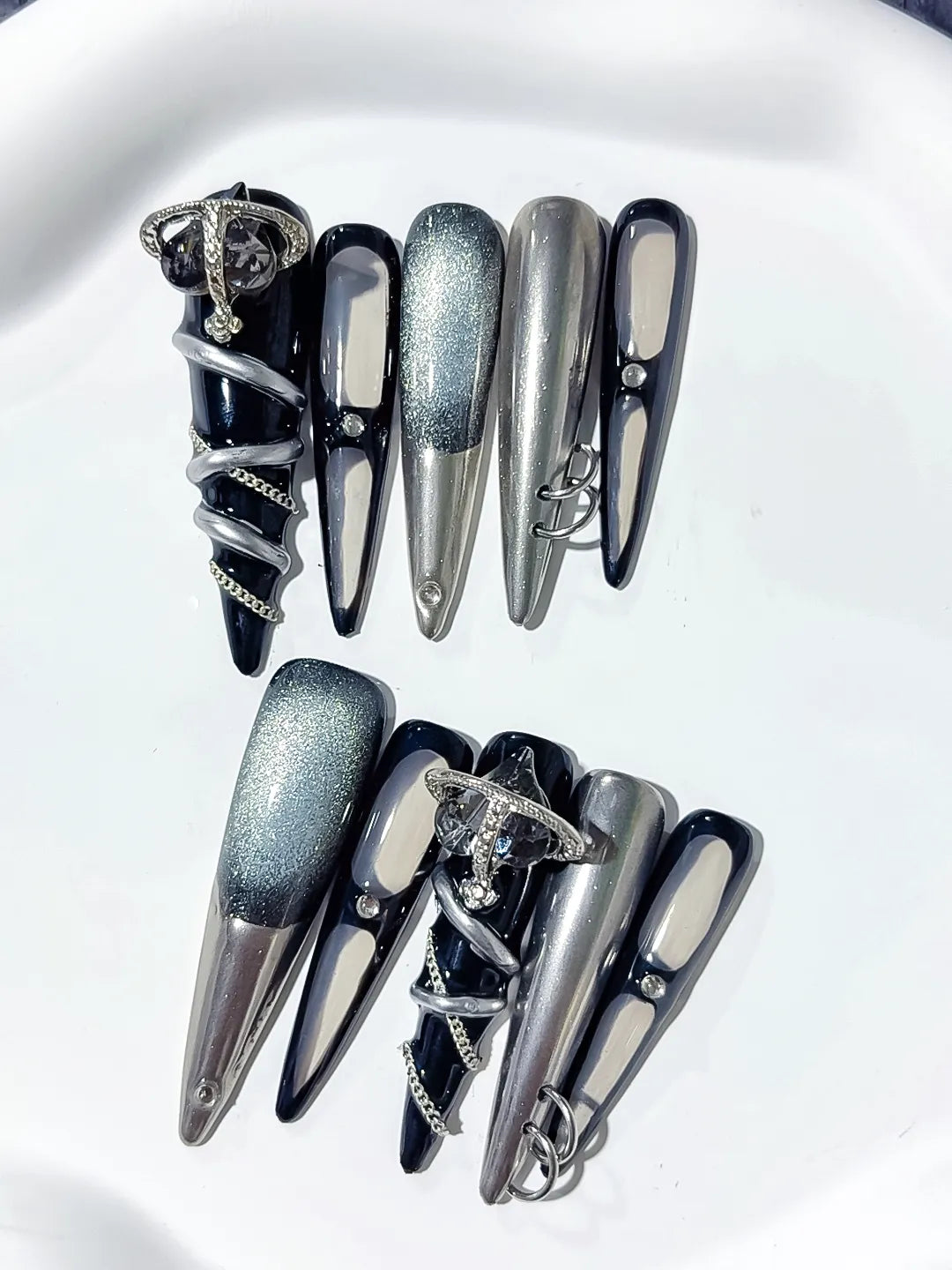 N003 - Long Black Silver Stiletto Metallic Glitter Ring
