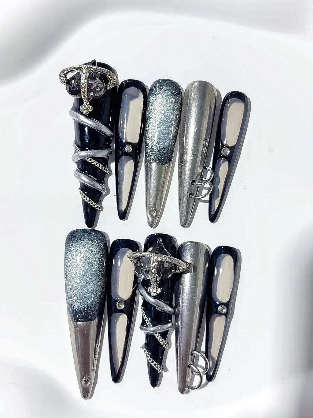 N003 - Long Black Silver Stiletto Metallic Glitter Ring