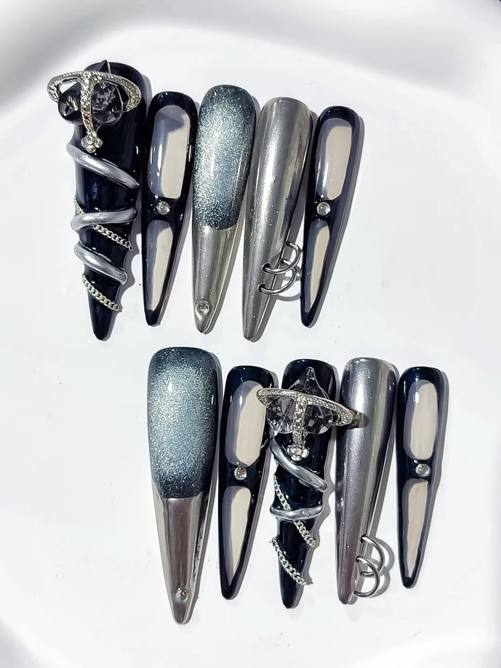 N003 - Long Black Silver Stiletto Metallic Glitter Ring