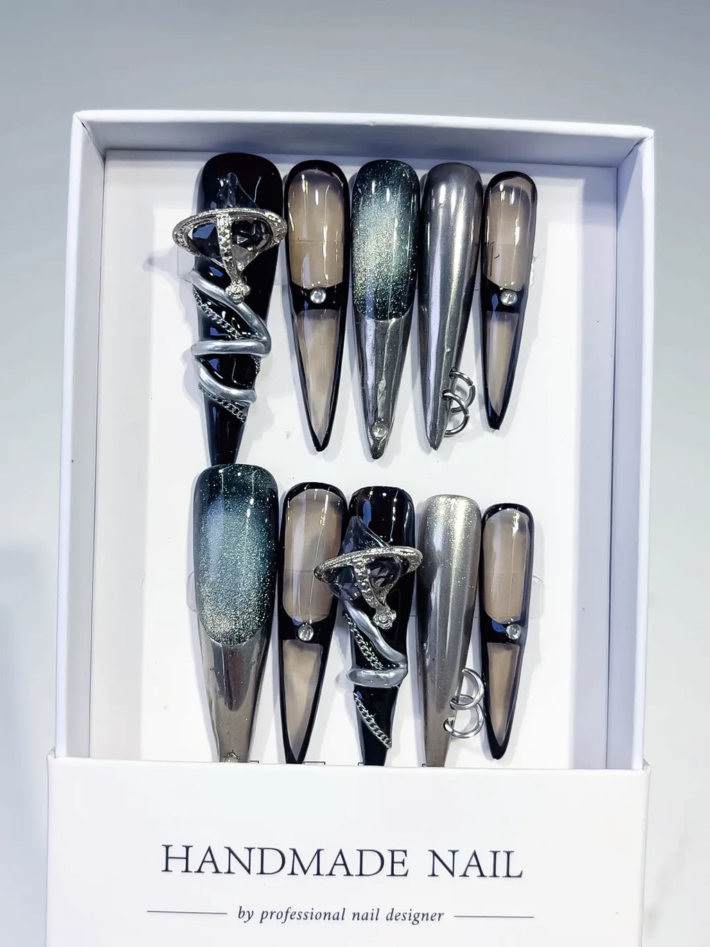 N003 - Long Black Silver Stiletto Metallic Glitter Ring