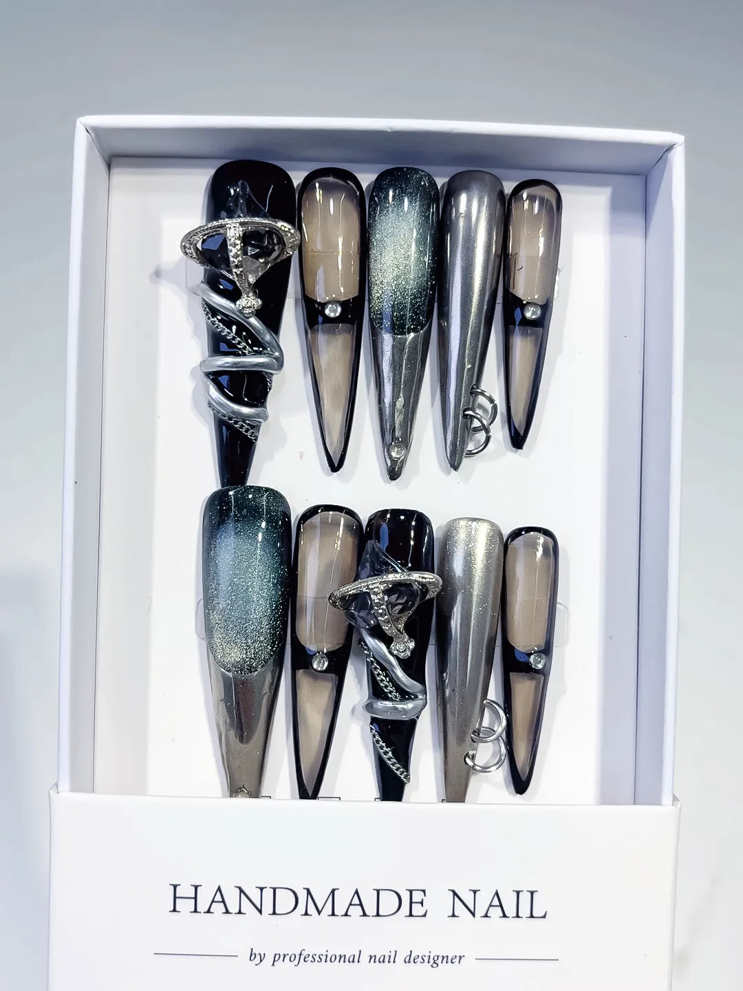 N003 - Long Black Silver Stiletto Metallic Glitter Ring
