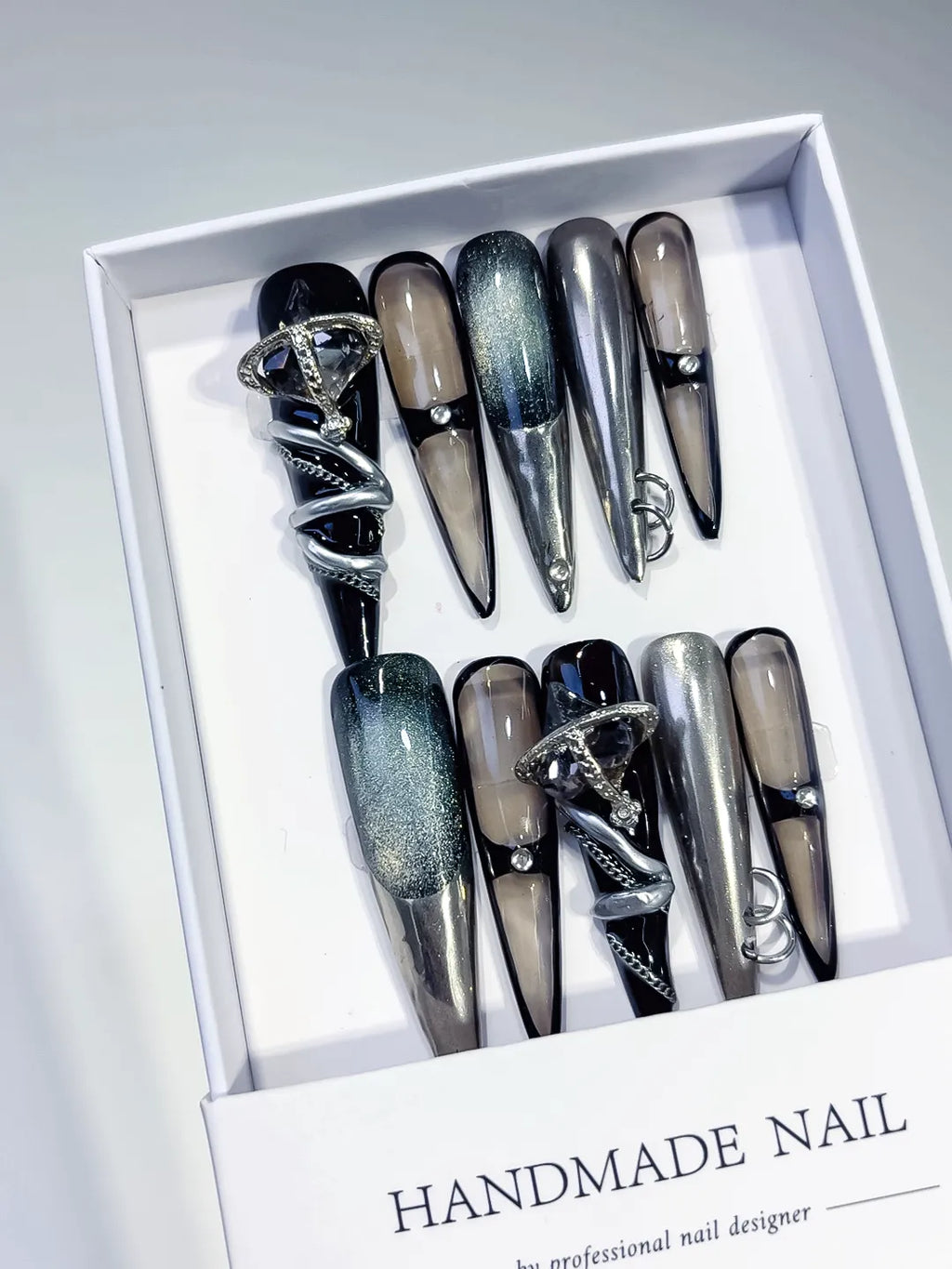 N003 - Long Black Silver Stiletto Metallic Glitter Ring