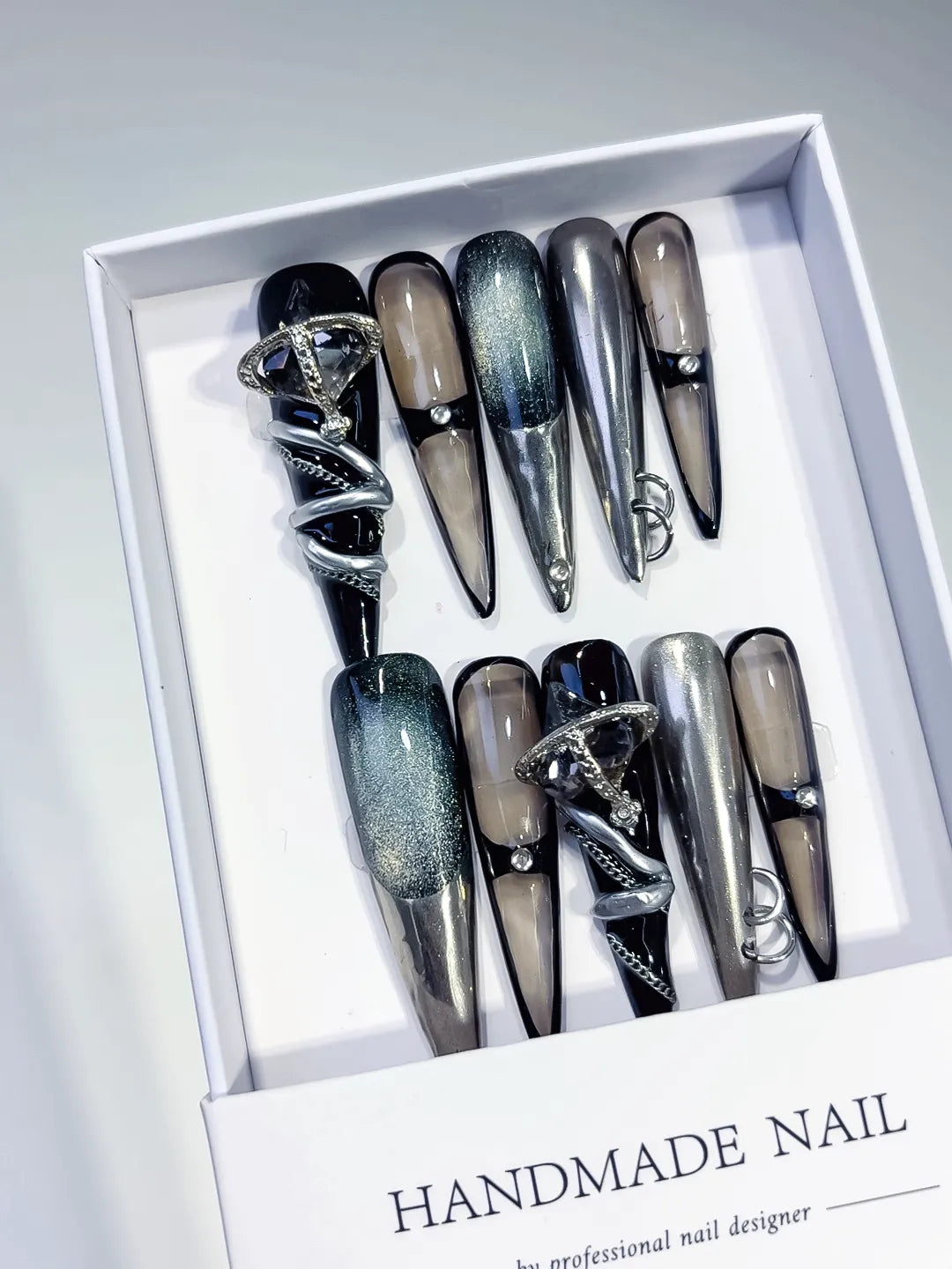 N003 - Long Black Silver Stiletto Metallic Glitter Ring