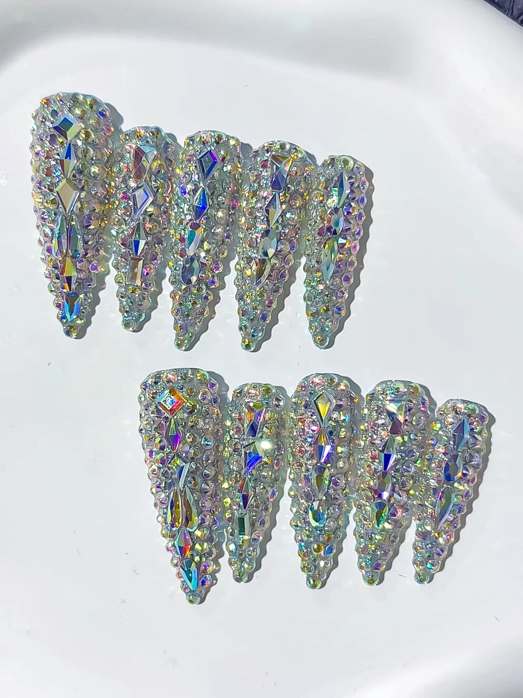 N004 - Long Silver Multicolor Stiletto Solid color Rhinestone Crystal Cluster