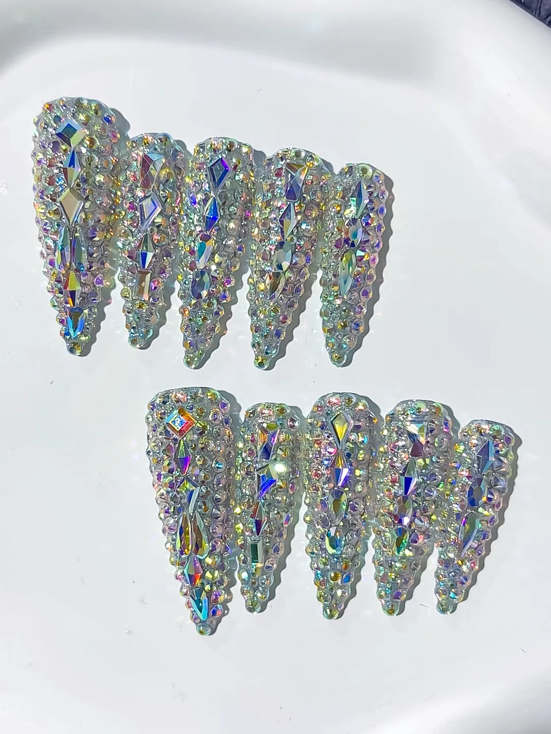 N004 - Long Silver Multicolor Stiletto Solid color Rhinestone Crystal Cluster