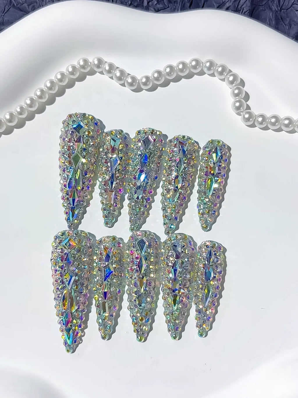 N004 - Long Silver Multicolor Stiletto Solid color Rhinestone Crystal Cluster