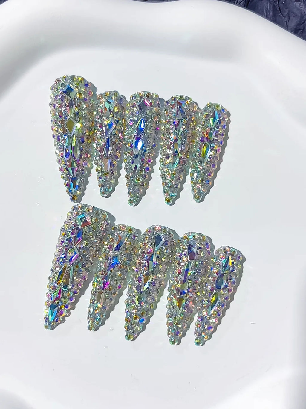 N004 - Long Silver Multicolor Stiletto Solid color Rhinestone Crystal Cluster
