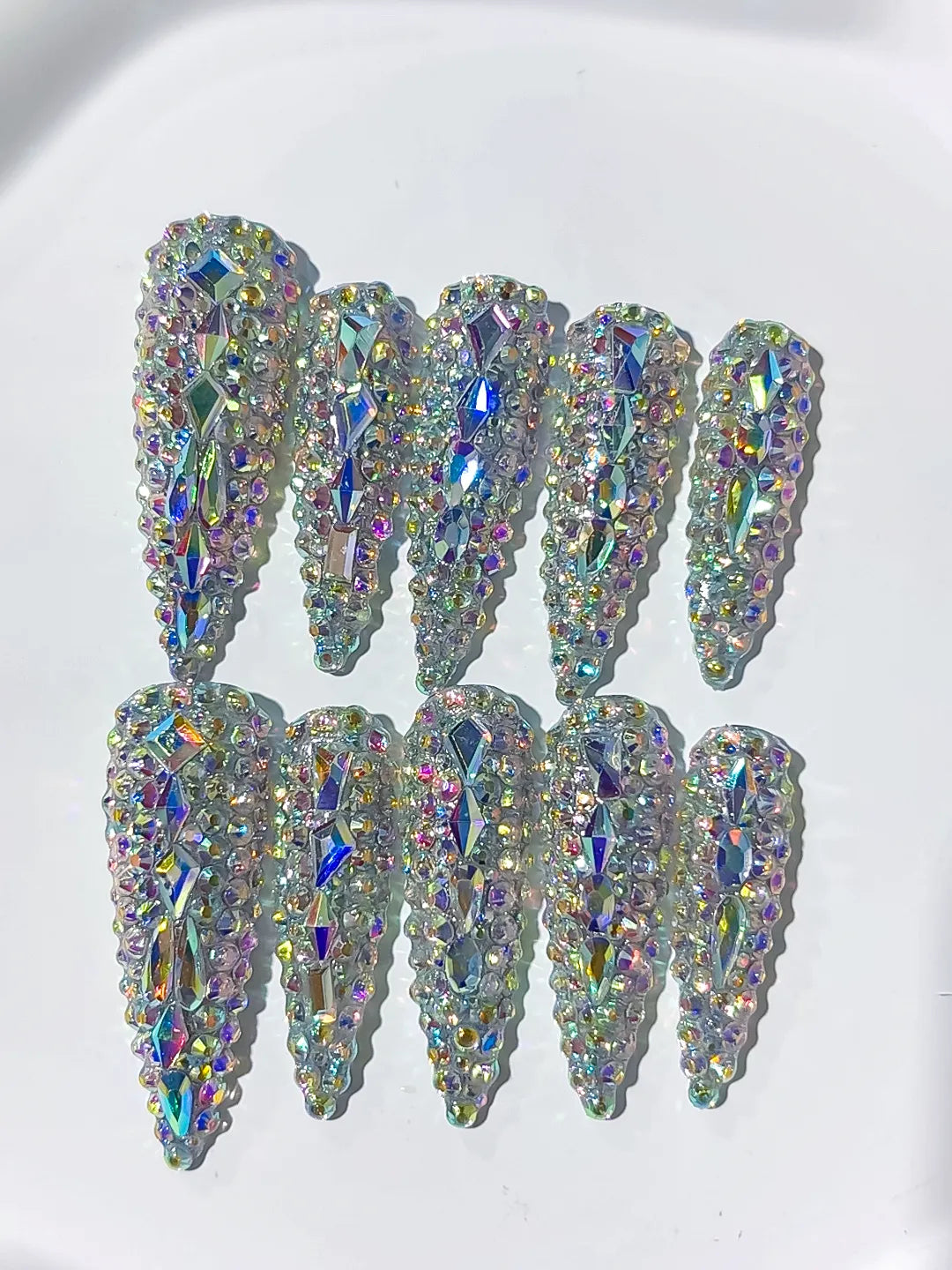 N004 - Long Silver Multicolor Stiletto Solid color Rhinestone Crystal Cluster