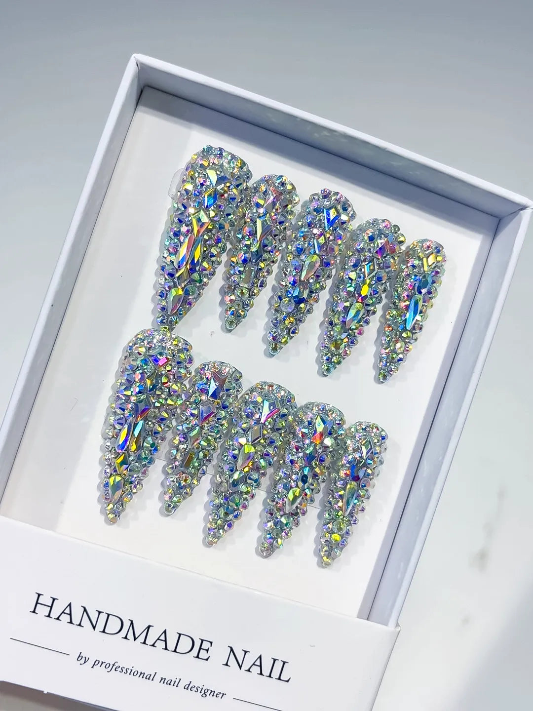 N004 - Long Silver Multicolor Stiletto Solid color Rhinestone Crystal Cluster