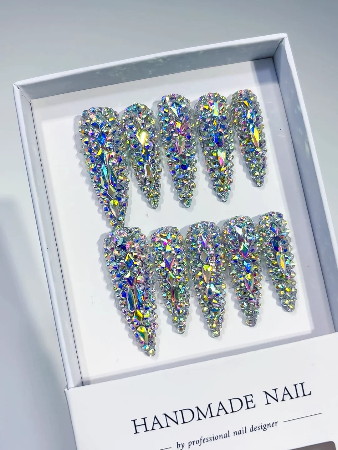 N004 - Long Silver Multicolor Stiletto Solid color Rhinestone Crystal Cluster