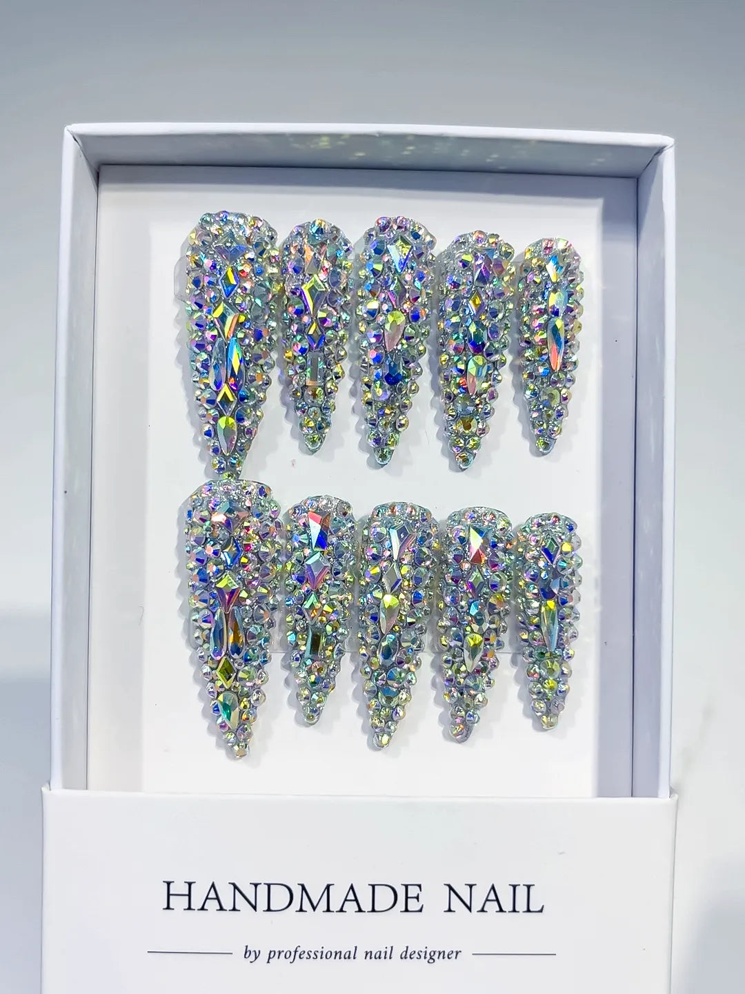 N004 - Long Silver Multicolor Stiletto Solid color Rhinestone Crystal Cluster
