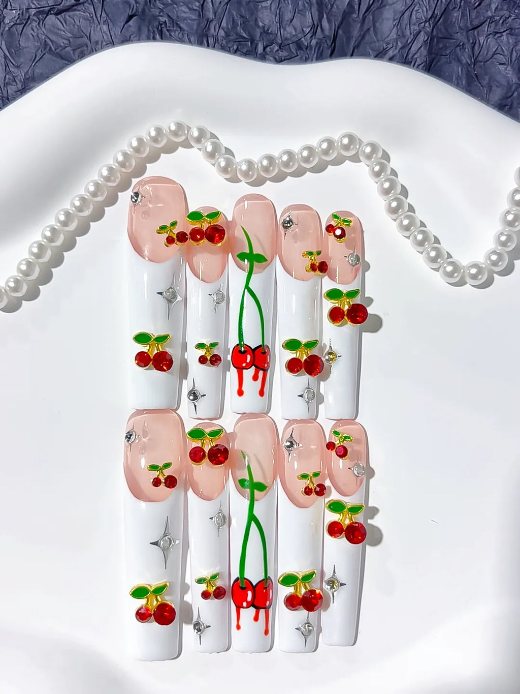 N005 - Long White Nude Square Floral Cherry Rhinestone