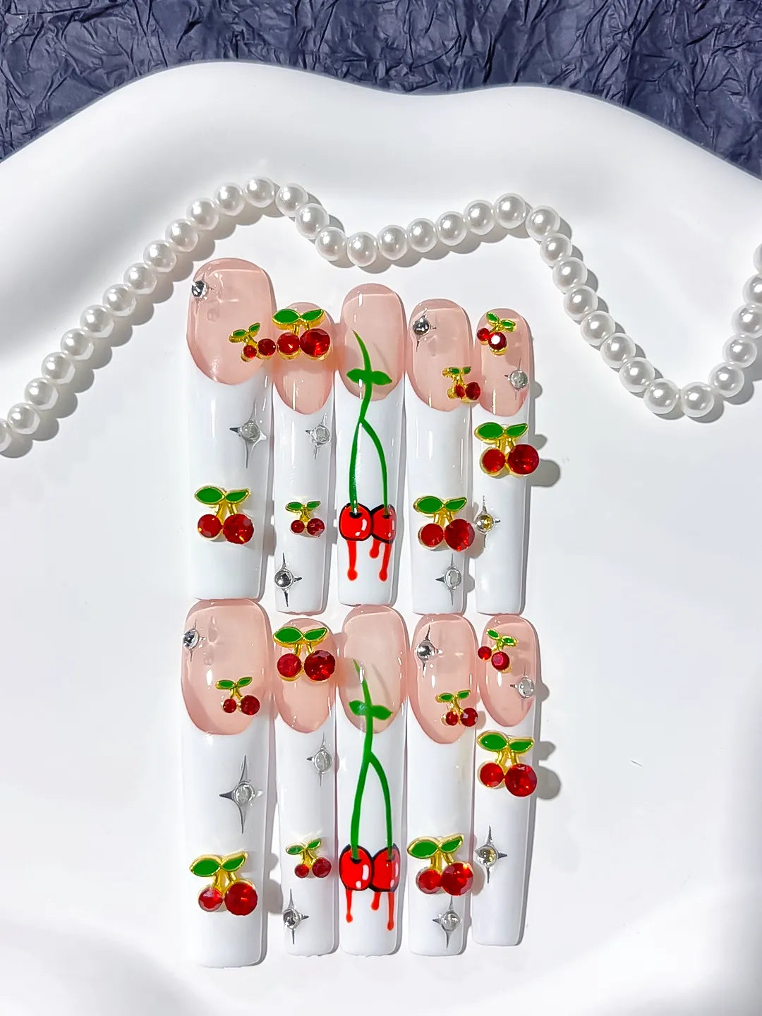 N005 - Long White Nude Square Floral Cherry Rhinestone