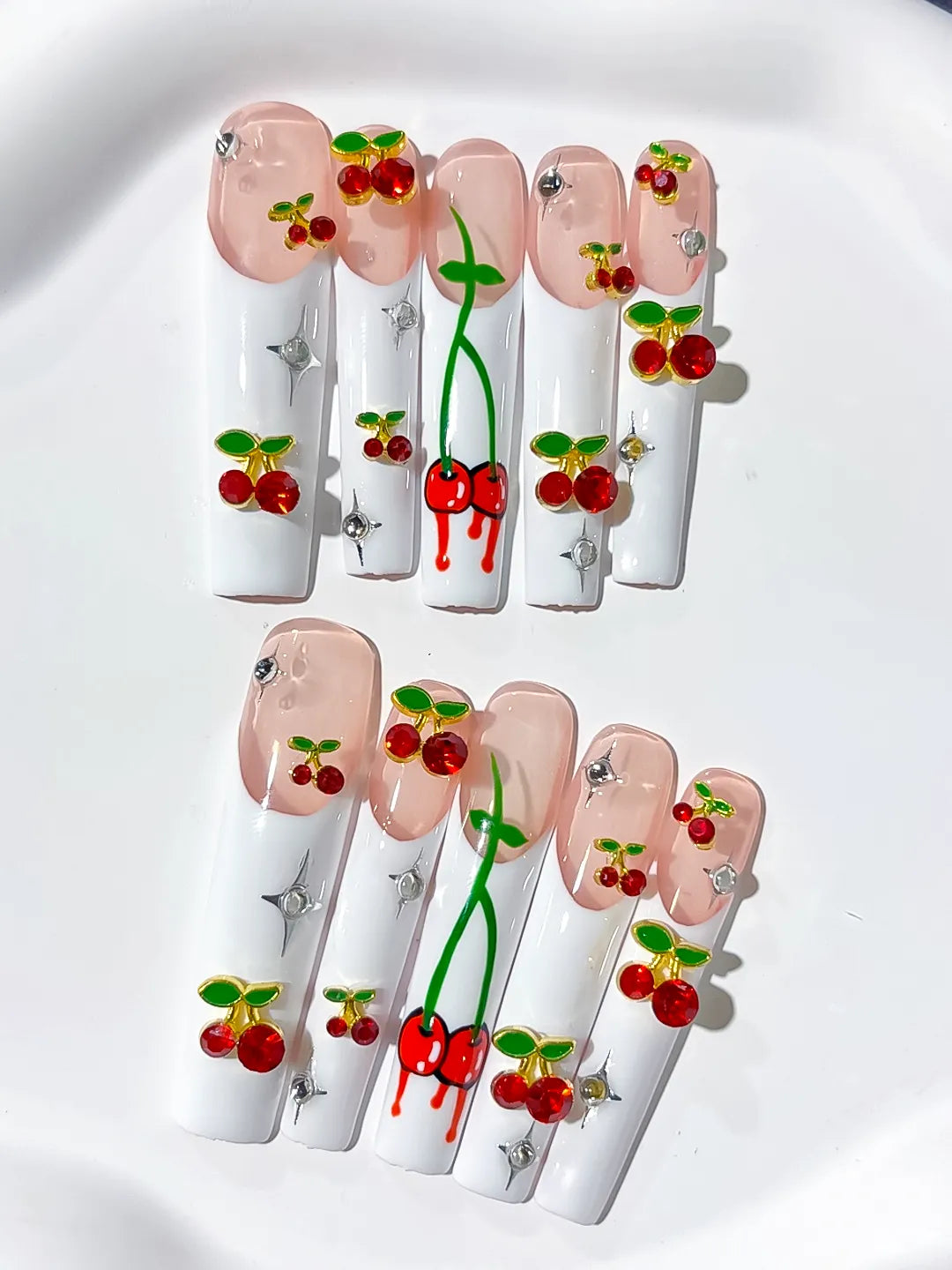 N005 - Long White Nude Square Floral Cherry Rhinestone