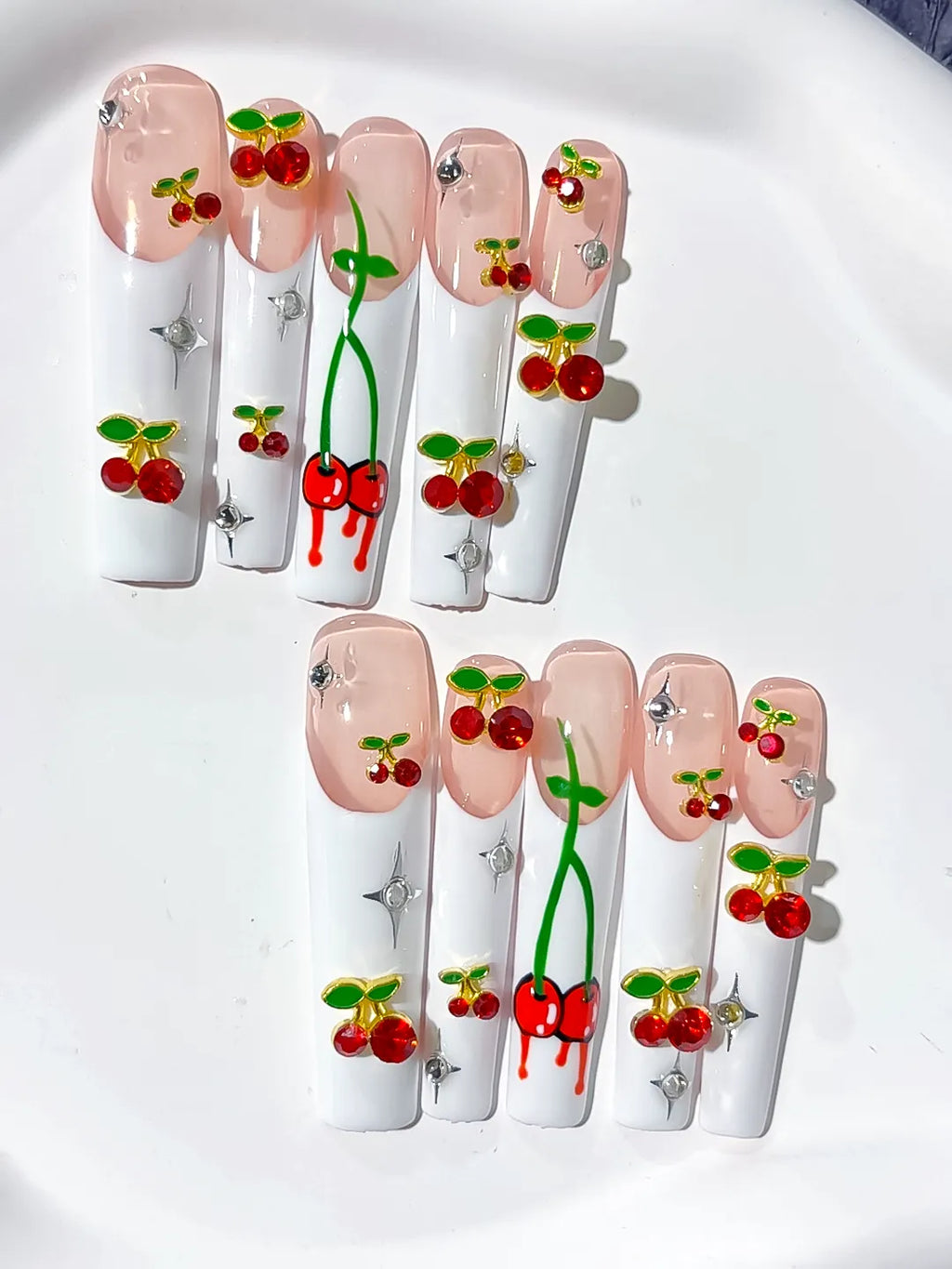 N005 - Long White Nude Square Floral Cherry Rhinestone
