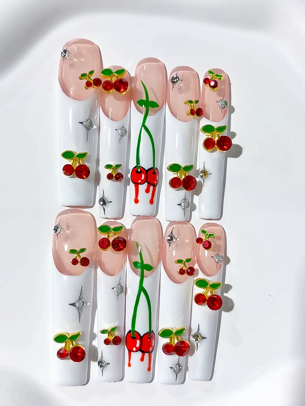 N005 - Long White Nude Square Floral Cherry Rhinestone