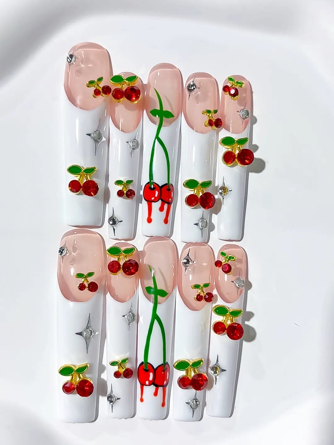 N005 - Long White Nude Square Floral Cherry Rhinestone