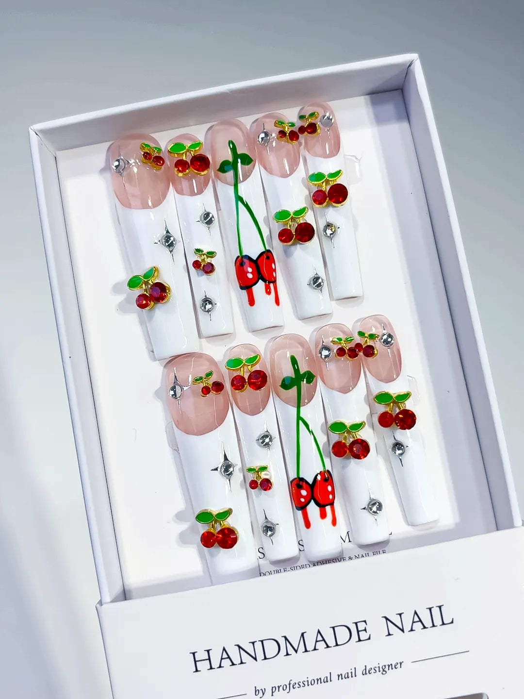 N005 - Long White Nude Square Floral Cherry Rhinestone
