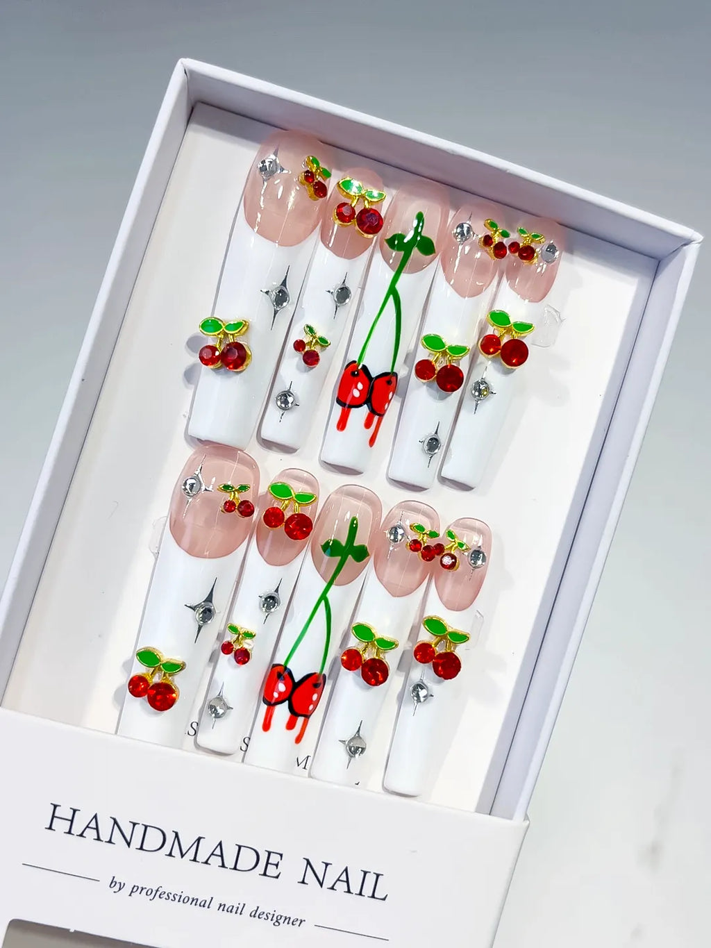 N005 - Long White Nude Square Floral Cherry Rhinestone