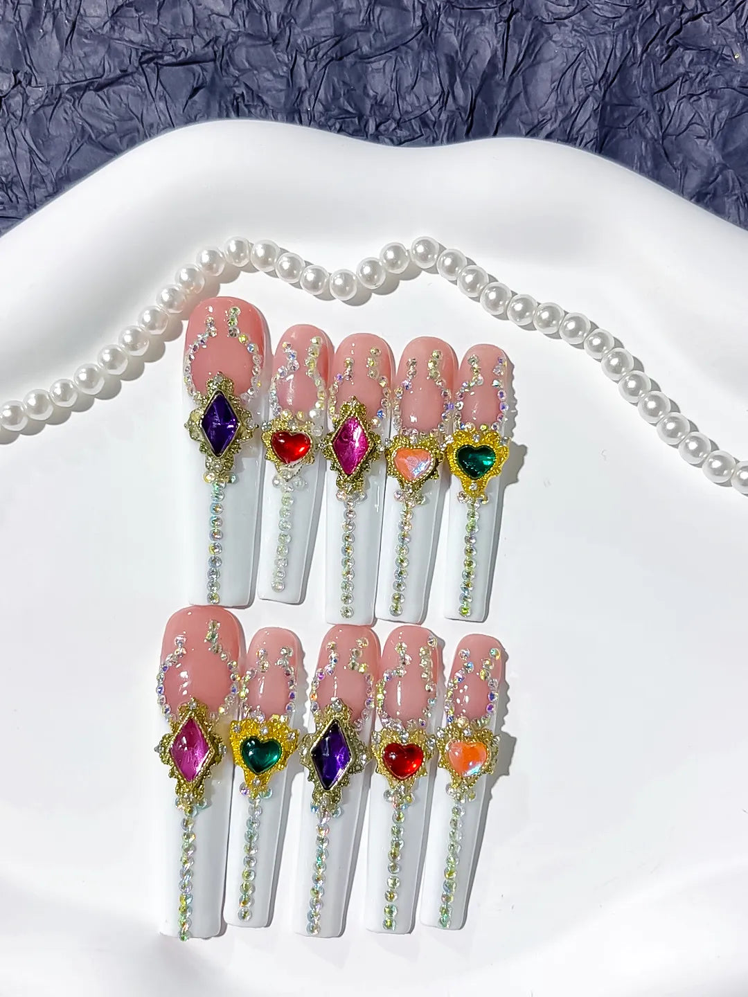 N006 - Long Nude White Square Solid color Rhinestone Heart