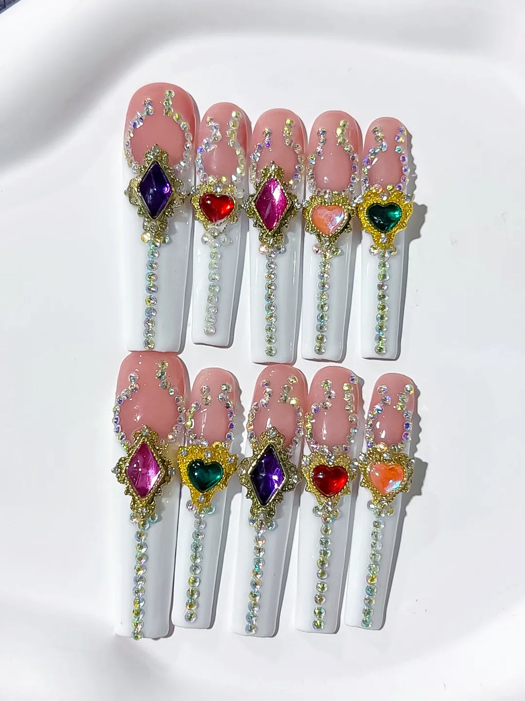 N006 - Long Nude White Square Solid color Rhinestone Heart